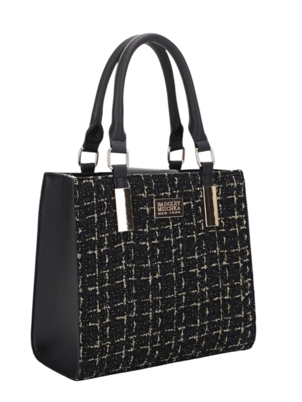 Badgley Mischka Black and Ivory Tweed Top-Handle Tote